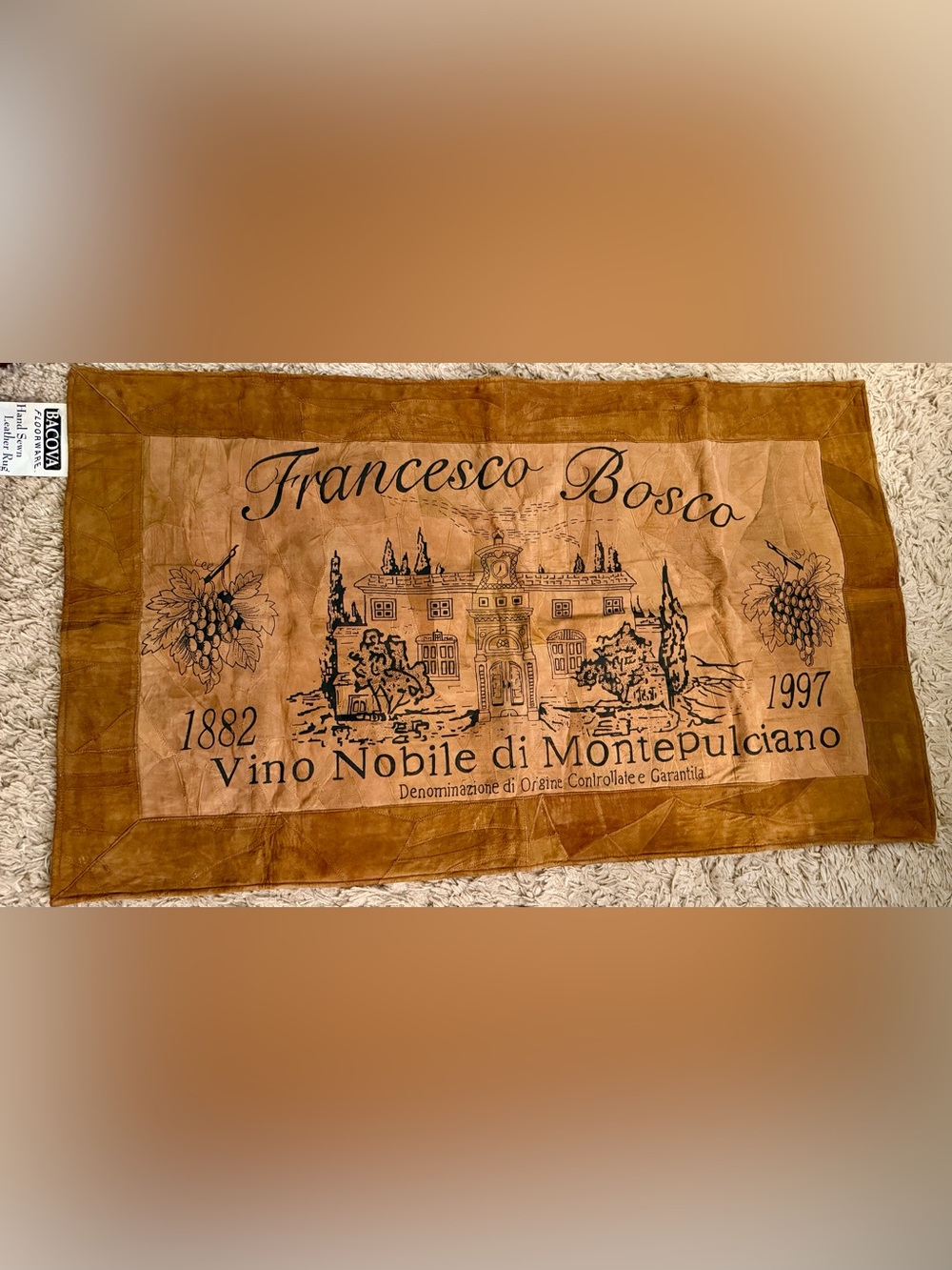 Bacova Hand Sewn Leather Rug NWOT 28” x 48” Francesco Bosca Wine Vineyard Tuscan